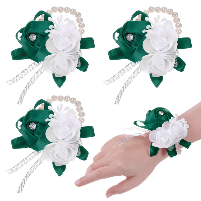 3-Pack Pearl Corsage Wristlet Bracelet for DIY Corsage Supplies [Dark Green]