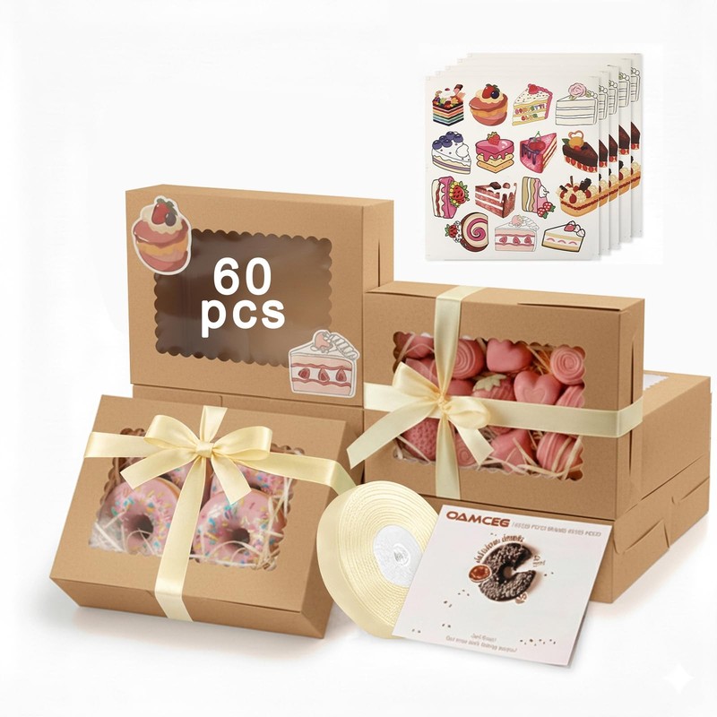 60 Pack Cookie Boxes With Window 8x6x2.5 Inch Bakery Treat Christmas Brown