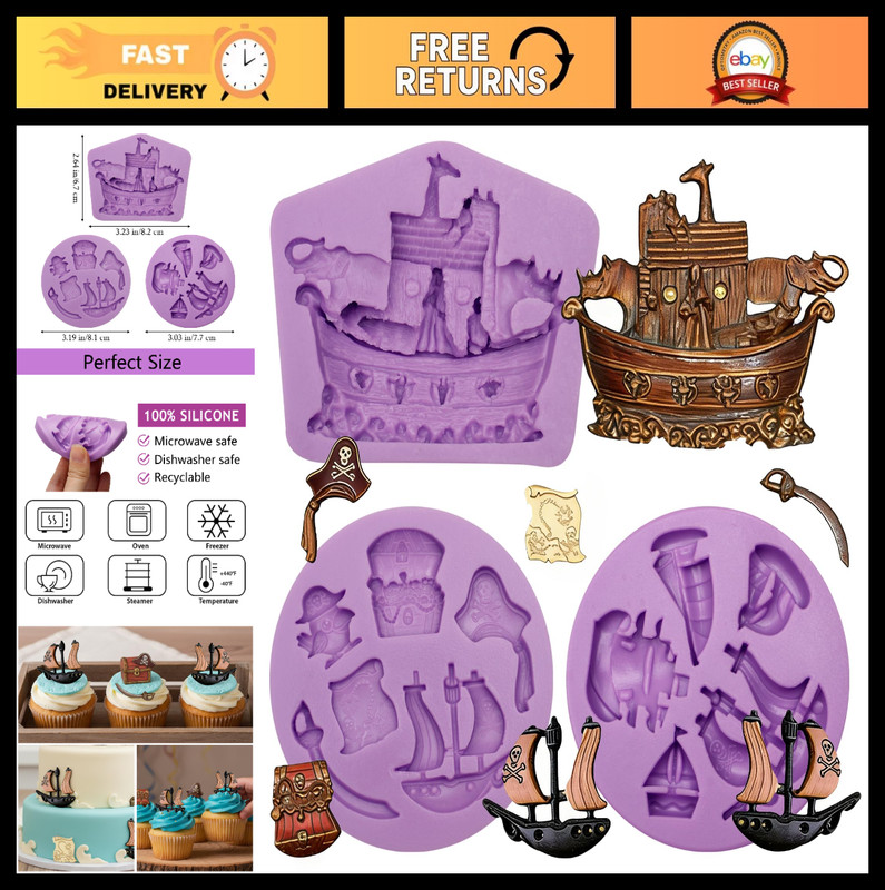 Pirate Theme Silicone Molds Set of 3 – Treasure Chest, Anchor, Nautical Ships fo
