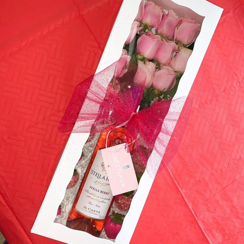 White Box Size 20x7x4 For Valentines, Wine, Roses, And Chocolate Strawberries gallery