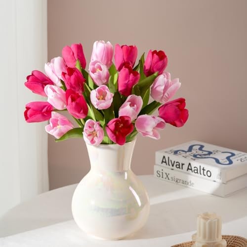 Artificial Tulips - 20 Stems Real Touch Realistic Fake Light Pink & Fuchsia gallery