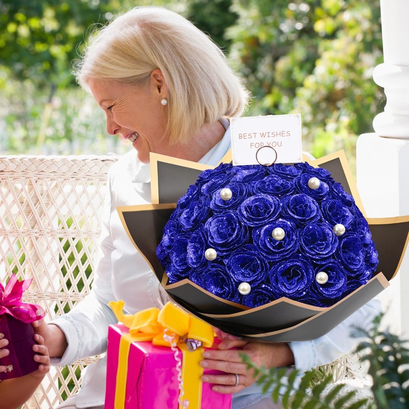 Waipfaru Blue Glitter Roses Bouquet, DIY Fake Flowers 24pcs, gallery