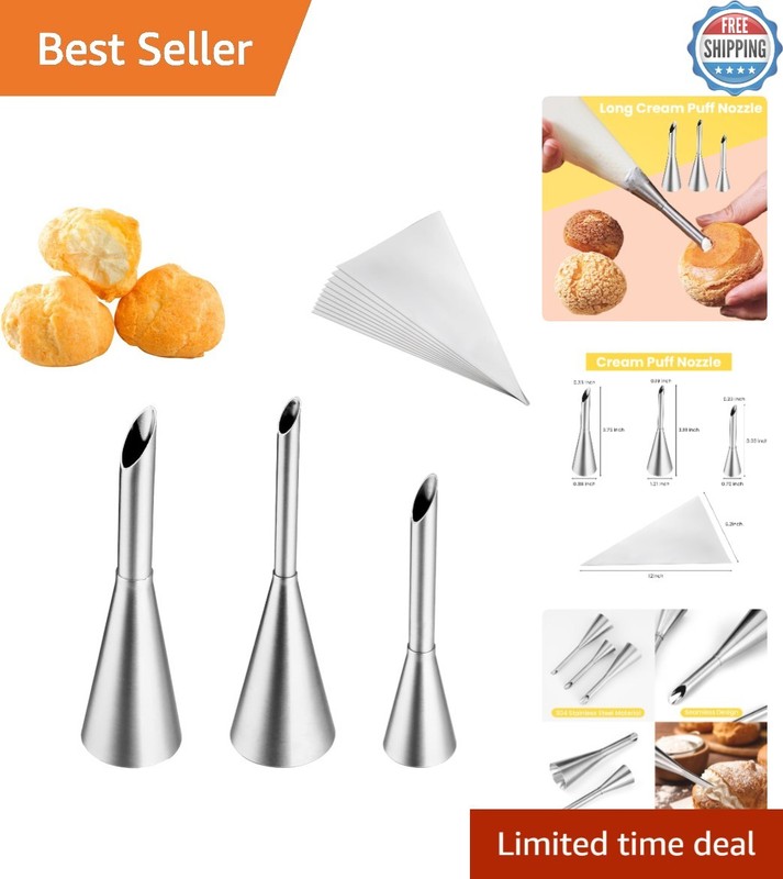 Elongated Puff Nozzle Tips Set – 3 Stainless Steel Tips & 10 Bags for Baking