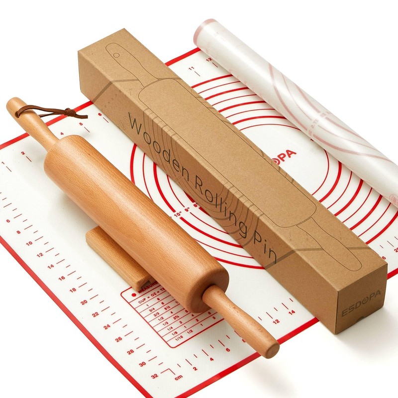 Wood Rolling Pin – Wooden Rolling Pins for Baking Silicone Mat Set, Dough Rol…