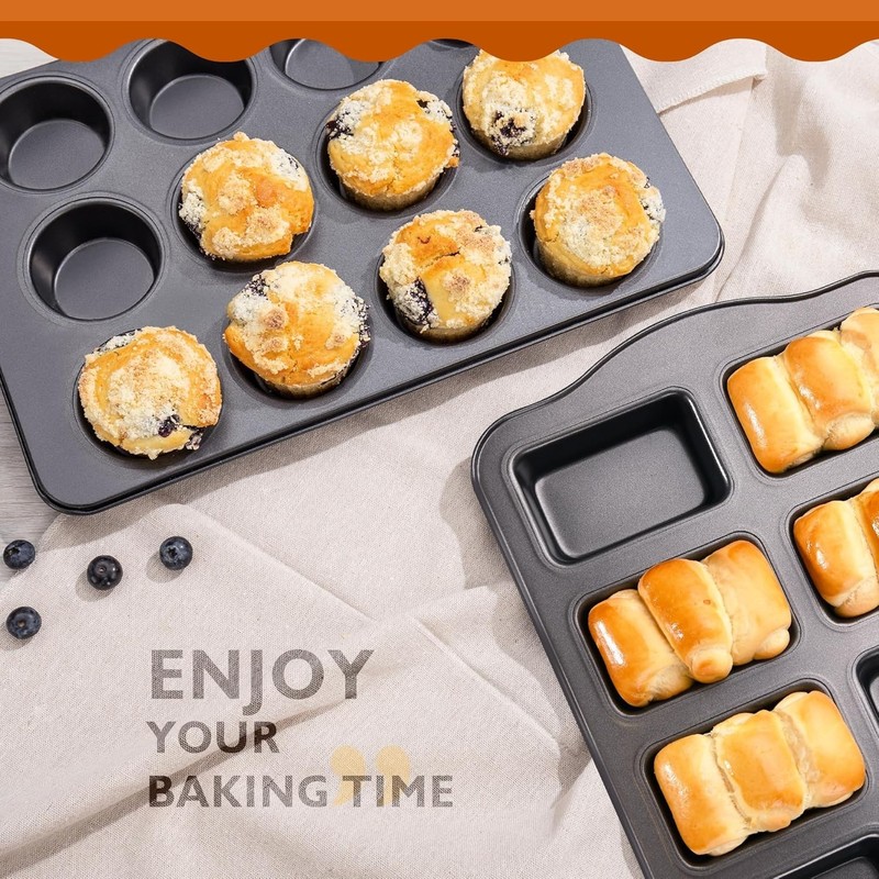 HONGBAKE Nonstick Muffin Pan 12 Cup and Mini Pan+Mini Loaf Pan, Gray gallery