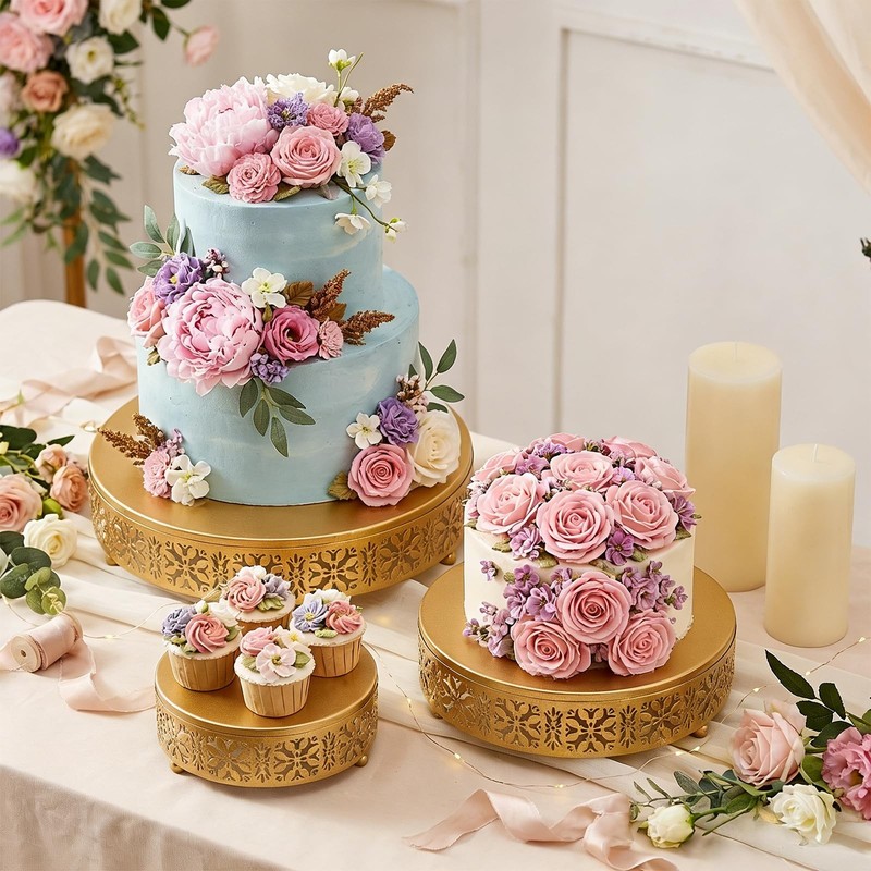 3 Pieces Golden Cake Stand Set, 8/10/12 Inch Round Metal Dessert Display Stan... gallery