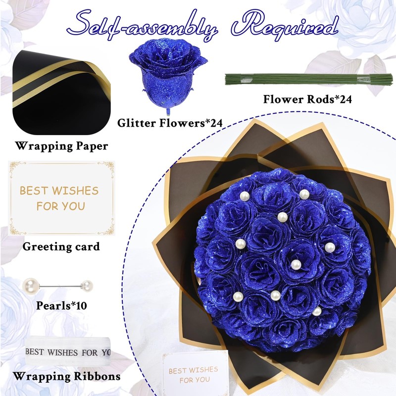 Waipfaru Blue Glitter Roses Bouquet, DIY Fake Flowers 24pcs, gallery