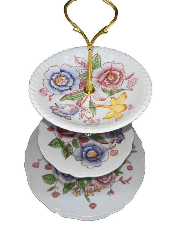 Custom 3 Tier 13" Pastry Stand Made With Vintage Johnson Bros England Plates gallery