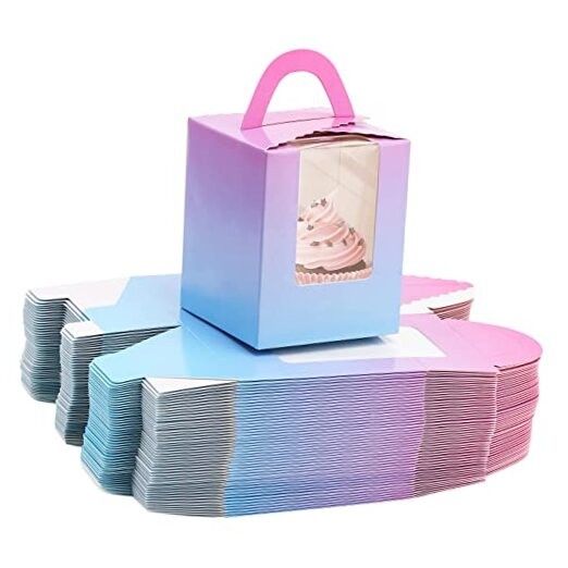 100Pcs Single Cupcake Carrier With Window Handle and Inserts 100-Gradient