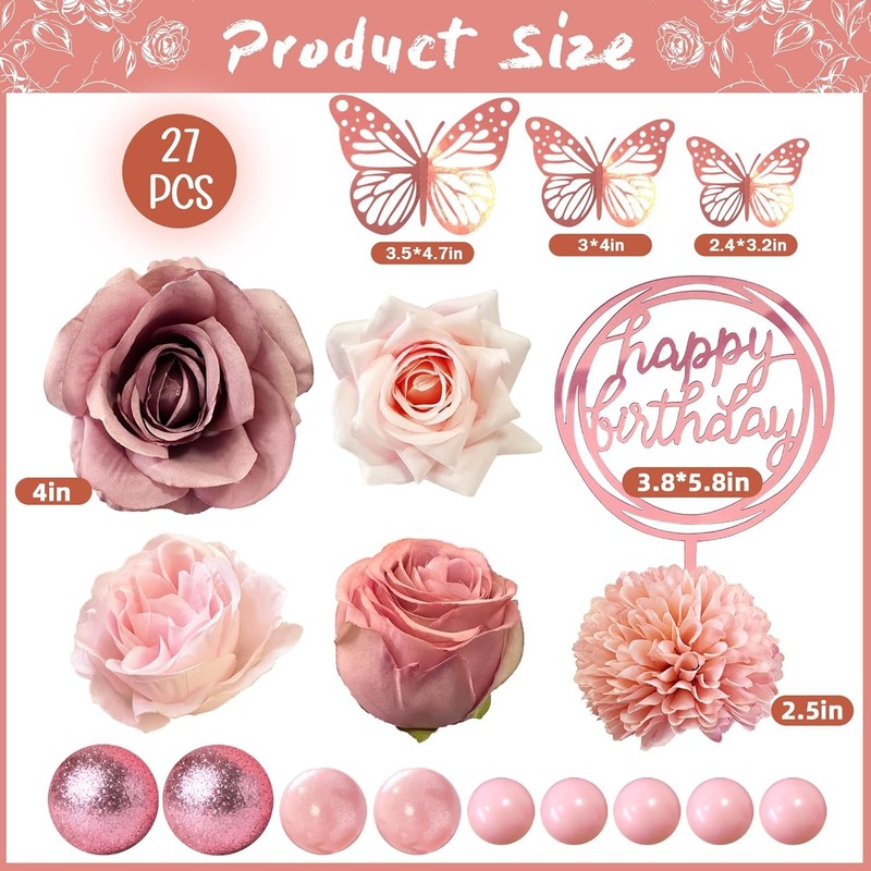 Flower Cake Toppers, Happy Birthday Rose Gold Cake Decorations with Artificial gallery