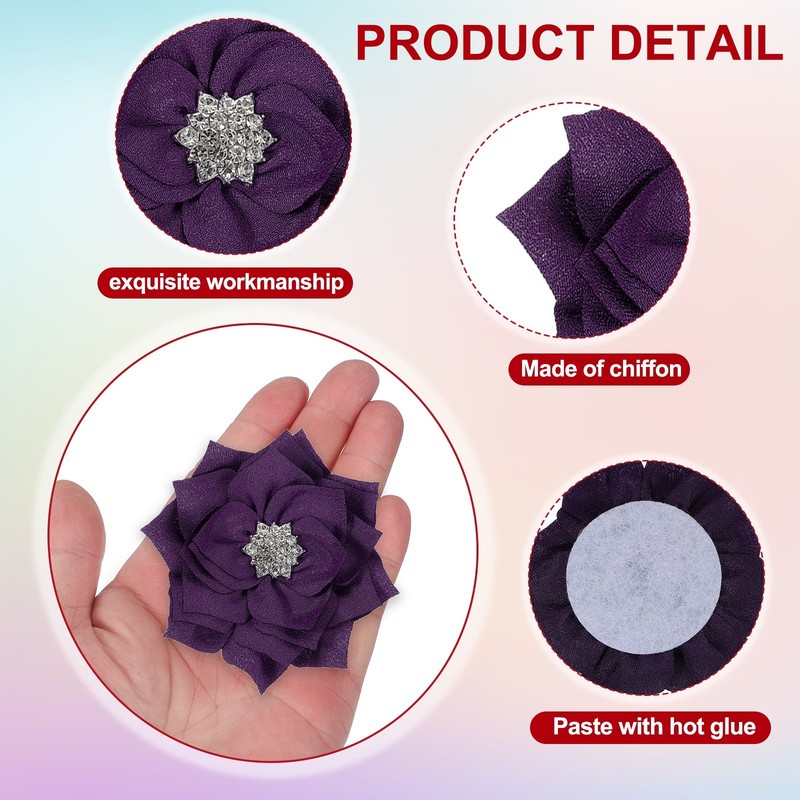 3 Inch 10 Pcs Rhinestone Pearl Chiffon Flower, Dark Purple gallery