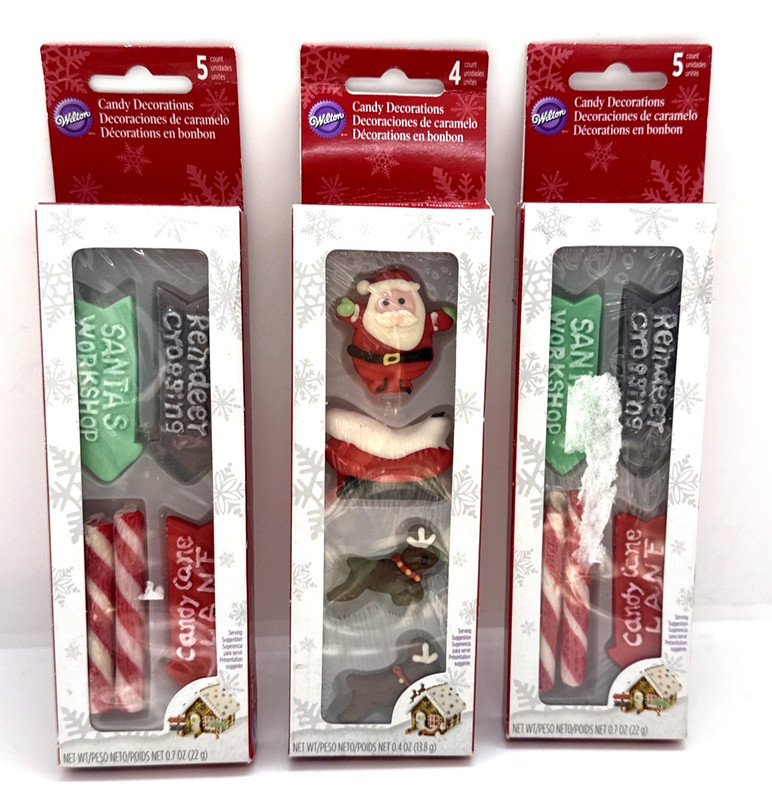 Wilton Candy Christmas Decorations Santa Reindeer Candy Cane 3 pack NEW
