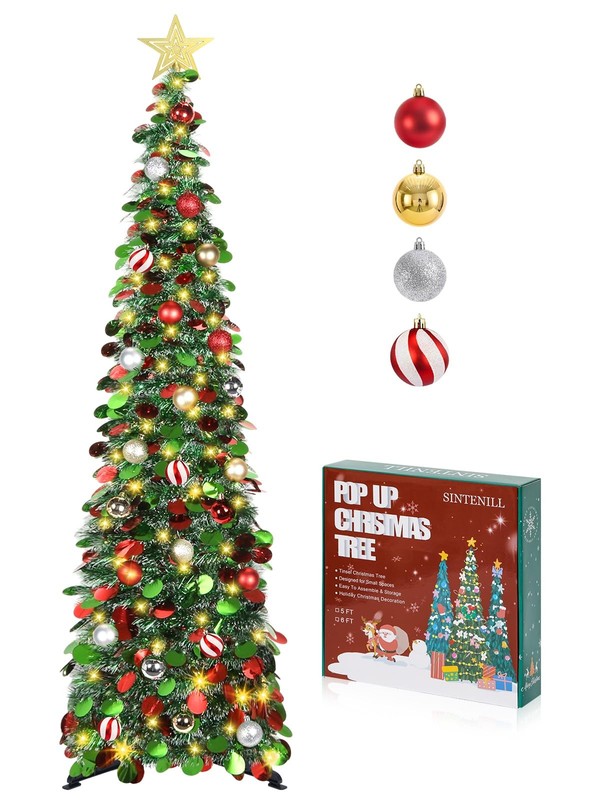 Sintenill 5 Ft Pop Up Christmas Tree Timer Lights And Decorations Green