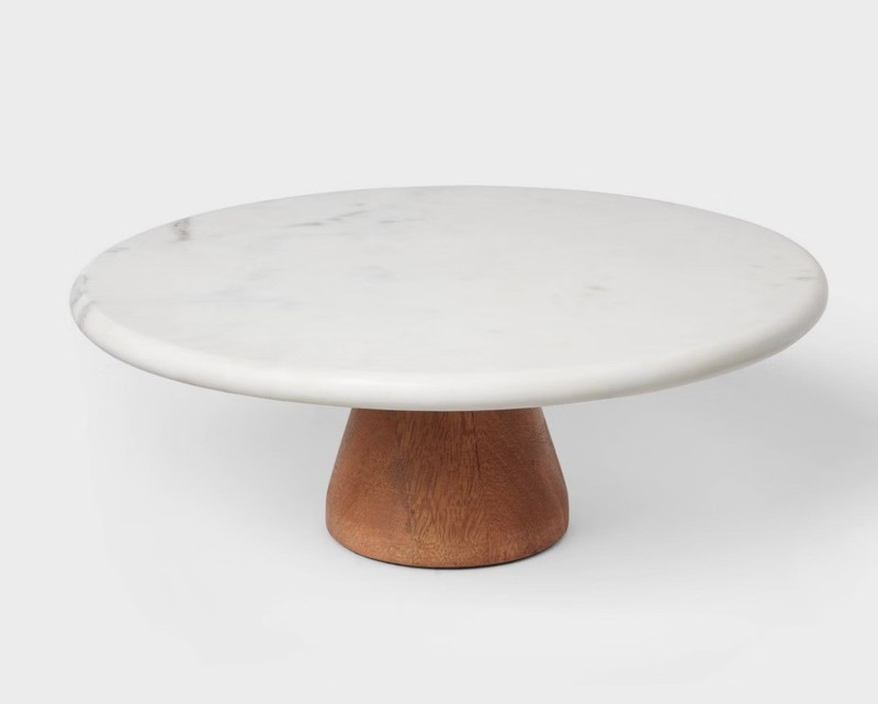 Marble Cake Stand Pedestal Wood Base Farmhouse Kitchen Decor Serving Display NWT