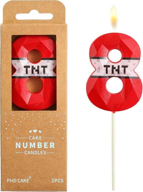 2.76 Inch Number 8 Red Pixel Gamer Birthday Candles, TNT Themed Number Candles,