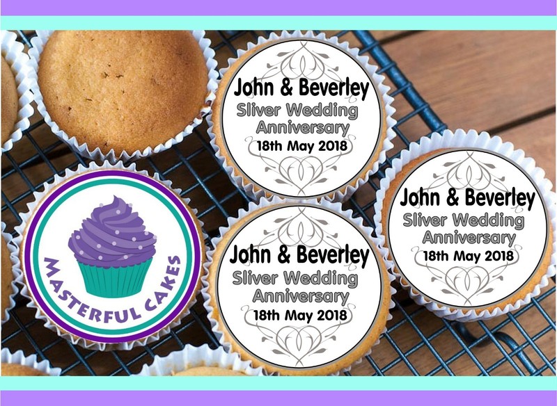 24 PERSONALISED SILVER WEDDING DES1 CUPCAKE TOPPER RICE,WAFER,ICING & PRECUT
