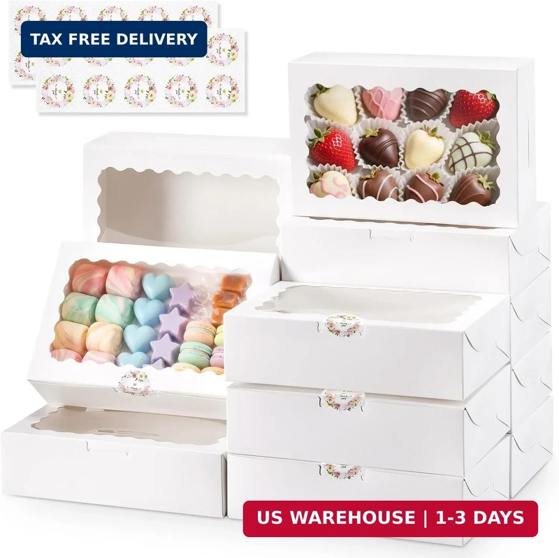 20pcs Cookie Boxes with Window, 9x6x2.5 Inches White Bakery Boxes for Dessert, T
