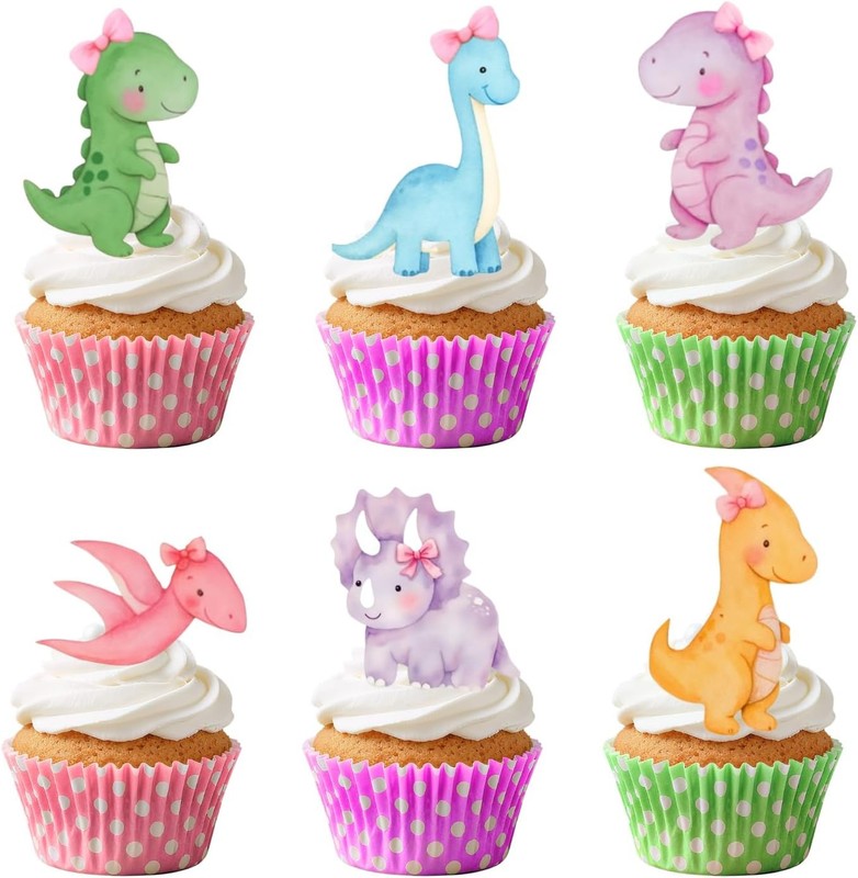 36 Pcs Pink Dinosaur Cupcake Toppers – Dino Cake Toppers for Girls Birthday,