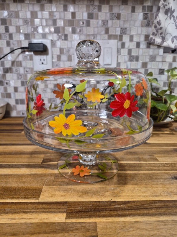 GLASS HAND PAINTED FLOWERS PEDESTAL CAKE/PIE STAND WITH DOME-9 1/2" X 9 12"-NICE