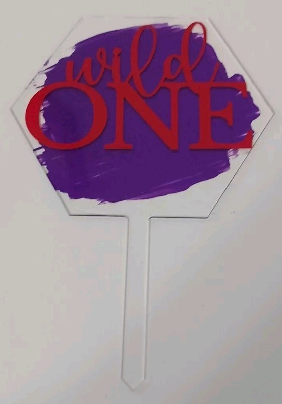 Wild One Acrylic Hexagon Cake Topper Red w/Purple Paint Splash