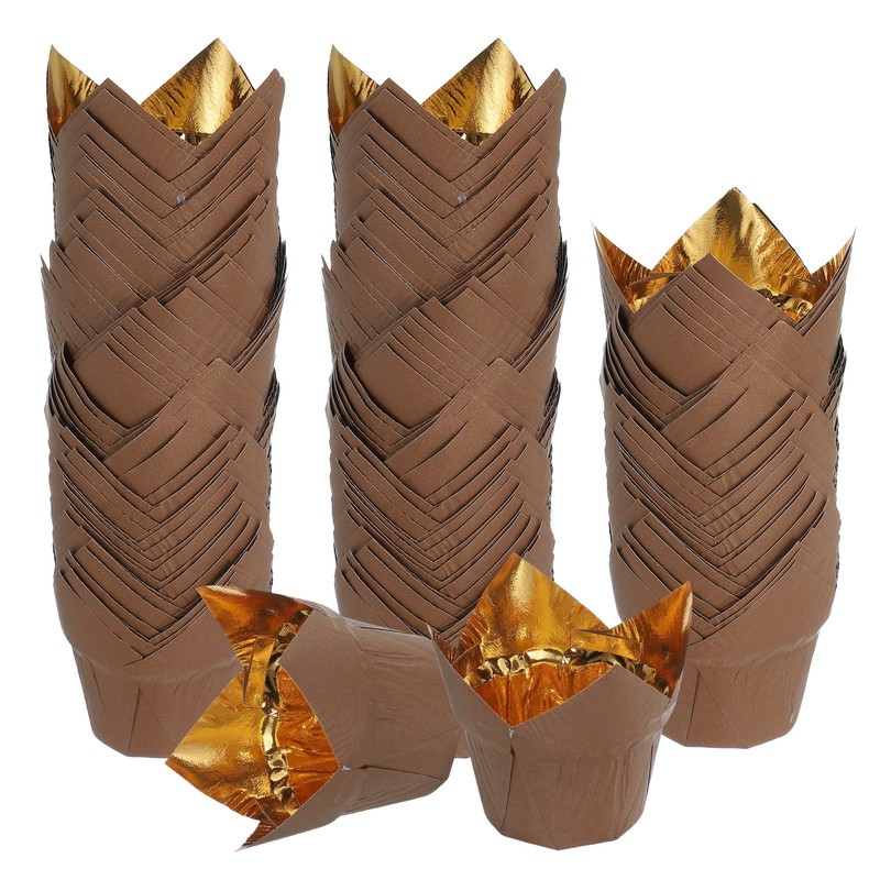 100Pcs Tulip Baking Cups Cupcake Muffins Liners Aluminum Foil Paper, Gold/Coffee