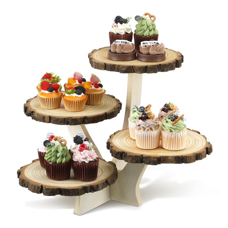4 Tier Round Natural Wood Cupcake Stand - Tiered Dessert Display Holder for Part gallery