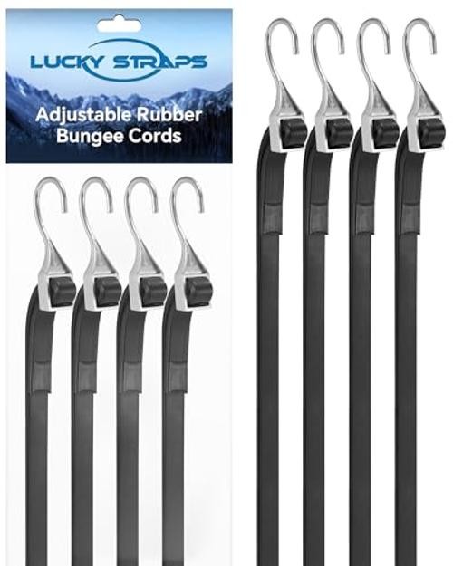 Lucky Straps Adjustable Rubber Bungee Cords, 8 Pack, Black 60 Inch 100% Rubber